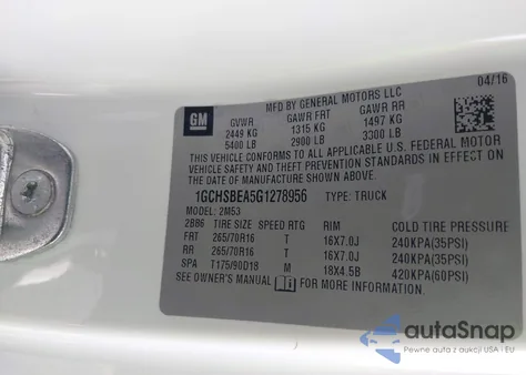 2016 Chevrolet Colorado Wt из США, поврежденный, VIN 1GCHSBEA5G1278956